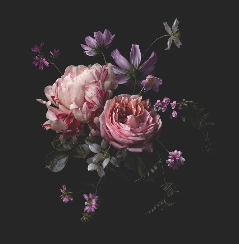 Lush dark bouquet made of pink, purple and white flowers, floral arrangement with peony, rose and wildflowers