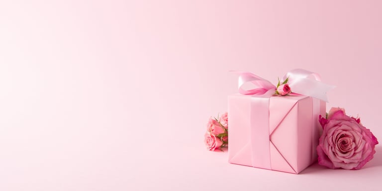 Gift box decorated with pink ribbon bow and rose flowers on pink background