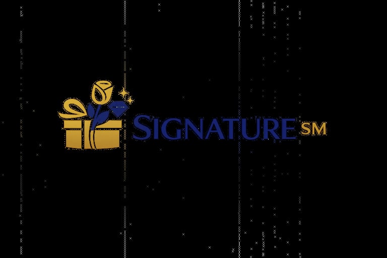 Signature SM logo with gold gift box and blue ribbon on black background